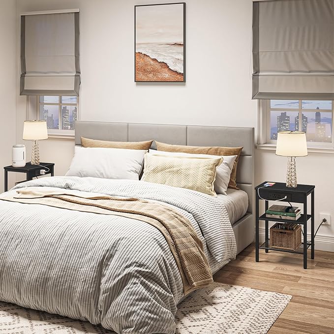 HOOBRO End Table with Charging Station and USB Port, 3-Tier Nightstand with Adjustable Shelf, Small Side Table for Small Space in Living Room, Bedroom and Balcony, Black BB112BZ01