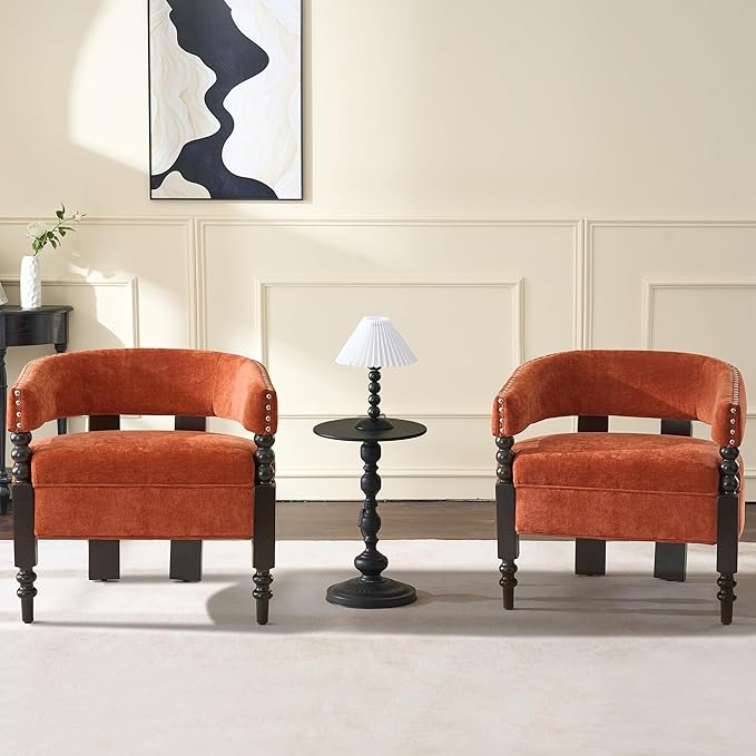 LOULENS Barrel Accent Chair for Living Room | Vintage Chenille Upholstered Lounge Chair with Solid Wood Legs, Armchair for Bedroom, Reception Room & Reading Nook, Orange
