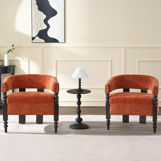 LOULENS Barrel Accent Chairs Set of 2, Vintage Chenille Upholstered Lounge Chair with Solid Wood Legs, Comfy Leisure Side Armchair for Living Room, Bedroom, Reading Nook, Corner, Orange