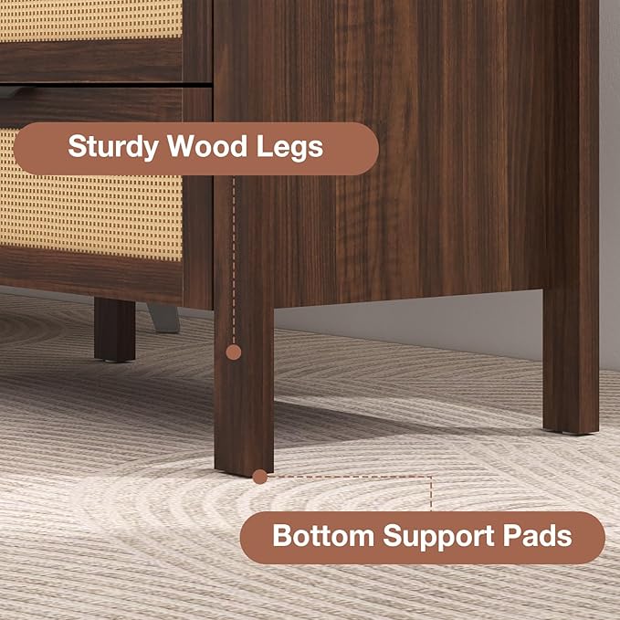 HOMMPA Nightstand with Charging Station, Boho Bedside Table with USB and Type-C Ports, Large Rattan Night Stand with 2 Drawers, Side Table End Table for Bedroom, Living Room, Small Space, Walnut