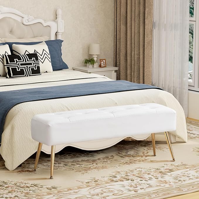 Furnimart Upholstered Tufted White Bench Ottoman with Padded Seat, Footrest Foot Stool with Sturdy Metal Leg, White Leather Bench for Bedroom Living Room Entryway