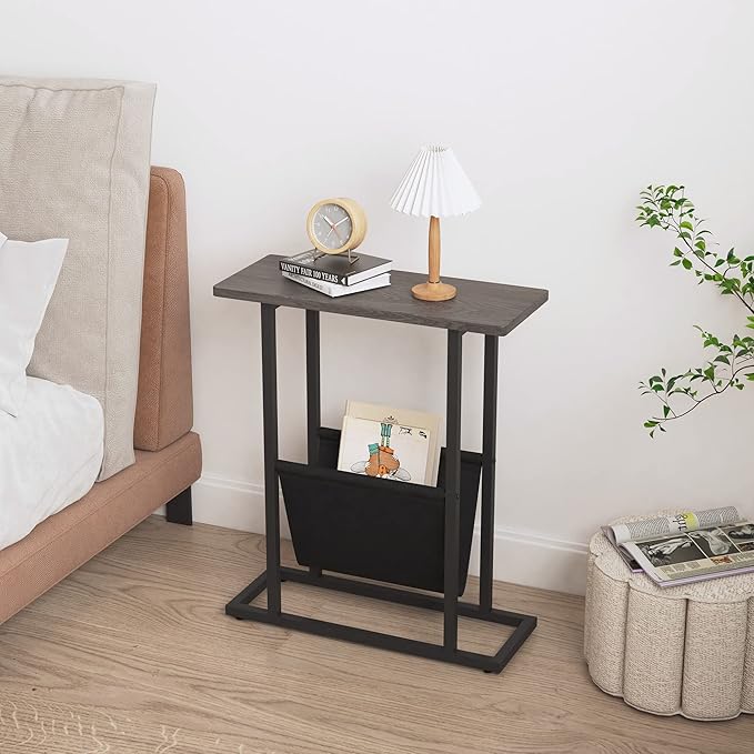 Yusong Small Narrow Side Table for Small Spaces, 17.7" W Slim End Table Magazine Table Nightstand with Storage Holder, Accent Skinny Snack Couch Bedside Table, Grey, Complete Iron Pipes