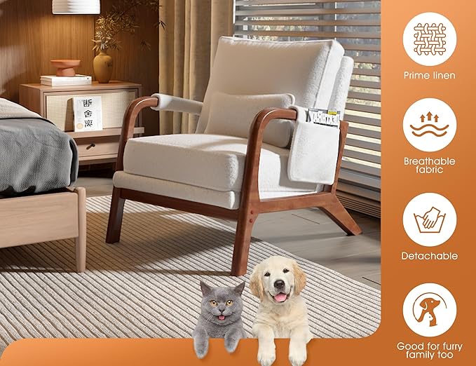 Mid Century Modern Chair Set of 2, Upholstered Lounge Arm Chair with Solid Wood Frame, Comfy Accent Chair for Living Room, Bedroom, Reading, Reception, Sherpa Fleece, White