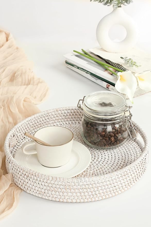 HITOMEN 11.8" Hand-Woven Round Rattan Serving Tray Decorative Wicker Trays with Handles for Coffee Table (Whitewash-M)