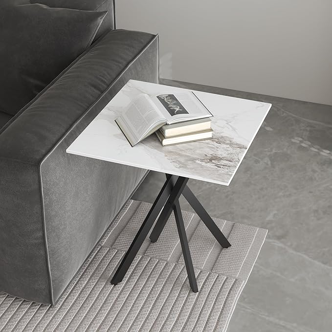 White Marble Side Coffee Table Set of 2 with Metal Legs, Sintered Stone Square Modern Small End Table for Living Room Sofa Table Home Bed Office (2 Pieces, 20"×20"×22")