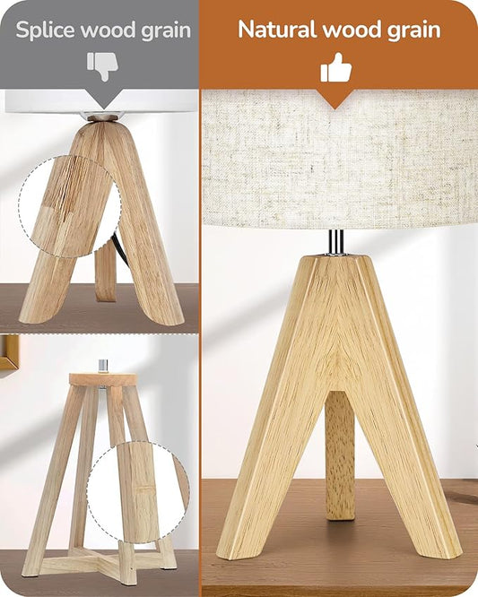 EDISHINE Small Table Lamp, Boho Bedside Lamp with Linen Fabric Shade, Wood Tripod Nightstand Lamp for Nursery, Living Room, Bedroom, Narrow End Table, UL Listed, 14.2 Inch, ON/Off Switch
