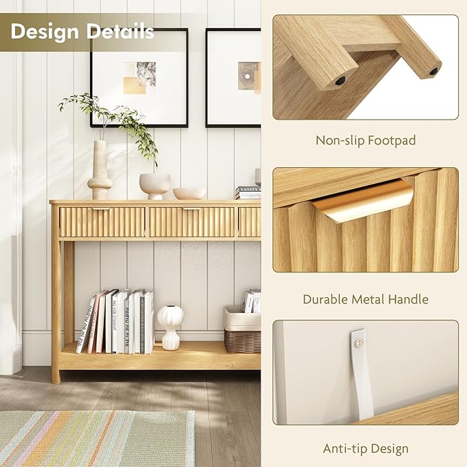 Set of 2 Console Table with Drawers, Modern 47.1" Entryway Table with Storage Shelf, Boho Narrow Skinny Behind Couch Wood Sofa Table for Living Room Hallway Entrance Foyer,Natural