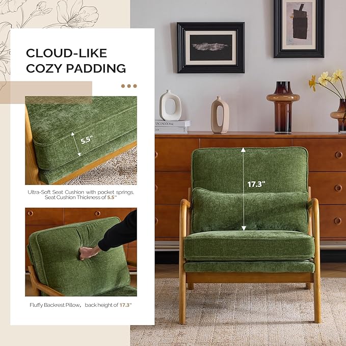 VINGLI Chenille Mid-Century Modern Accent Chair, Cute Reading Arm Chair with Cushion & Lumbar Pillow & Solid Wood Frame for Lounge, Living Room, Reading Room, Bedroom, Olive-Green