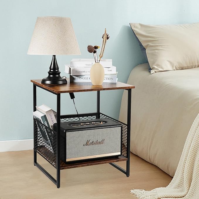 Square End Table, Side Table, Couch Side Table with 2 Tier Storage, Great for Printer Stand, Mini Fridge Stand, Ideal for Living Room, Bedroom, Office