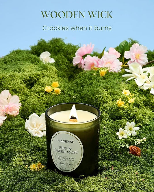 M&SENSE Pine & Moss Scented Candles, Natural Soy Wax 18oz 100 Hours Long Lasting Slow Burn, Cracking Wooden Wick Aromatherapy Candle for Women, Winter Holiday Christmas Gifts