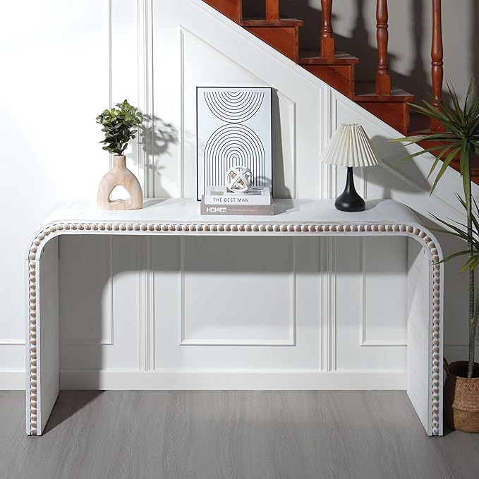 59" Wood Gray Console Table with Wood Beads, for Entryway, Hallway, Living Room, Foyer, Corridor, Office, Modern Curved Waterfall-Style