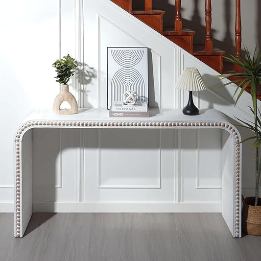 59" Wood Gray Console Table with Wood Beads, for Entryway, Hallway, Living Room, Foyer, Corridor, Office, Modern Curved Waterfall-Style