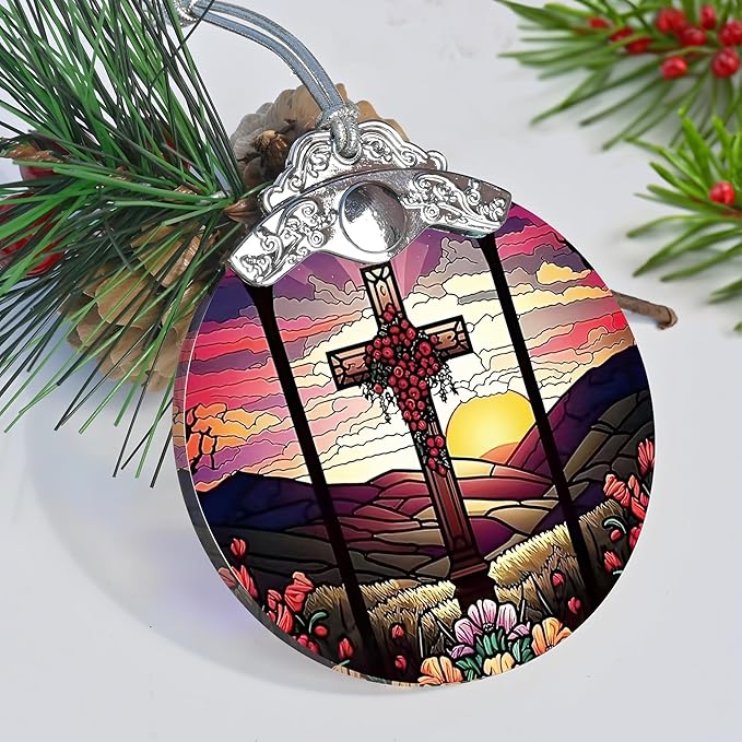 Cross Christmas Ornament - Stained Glass Holiday Decoration for Tree, Xmas Gift Idea