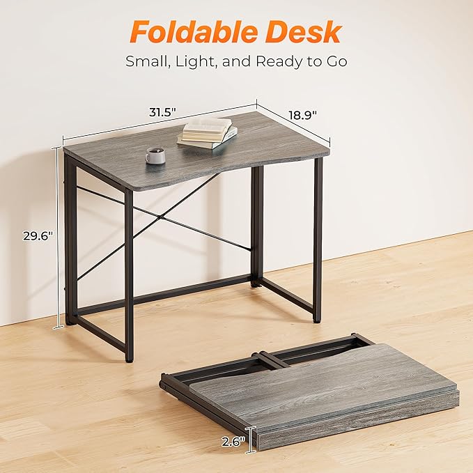 Huuger Folding Desk for Small Spaces, 31.5 Inch Foldable Computer Table, for Home Office, Study, Bedroom, Dorm, Space Saving, Small Writing Work Office Computer Desk, Easy to Fold, Grey