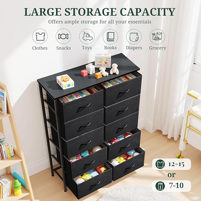 10-Drawer Dresser for Bedroom, Anti-Tip Tall Storage Organizer Chest of Drawers with Wooden Top and Metal Frame Fabric Bins for Closet, Living Room, Hallway, Entryway, Black