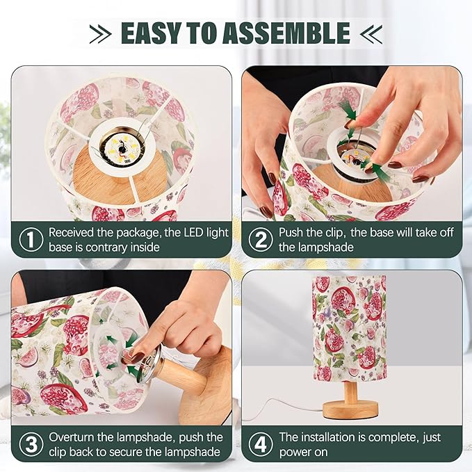 Table Lamp Watercolor Pomegranate BlackBerry Fig Fruit with Flower Pattern Nightstand Lamp with Wood Base Fabric Lamp Shade Bedside Desk Lamp for Living Room Bedroom Kids Room Office