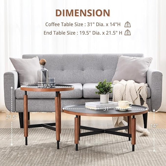 HEAH-YO Round Nesting Coffee Table Set of 2, Wood Tray Top Accent Table with Walnut Wrapped Metal Legs, Industrial & Farmhouse End Table for Living Room/Office Reception, Black