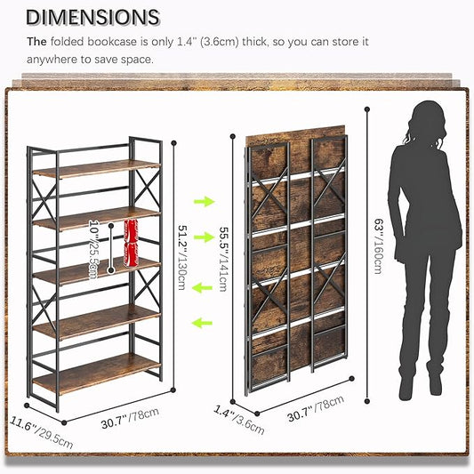 4NM Extra Wide 5 Tiers No Assembly Book Shelves, 51.2" H Folding Bookshelf Bookcase Open Industrial Foldable Shelves for Bedroom, Living Room, Home Office - Rustic Brown Black