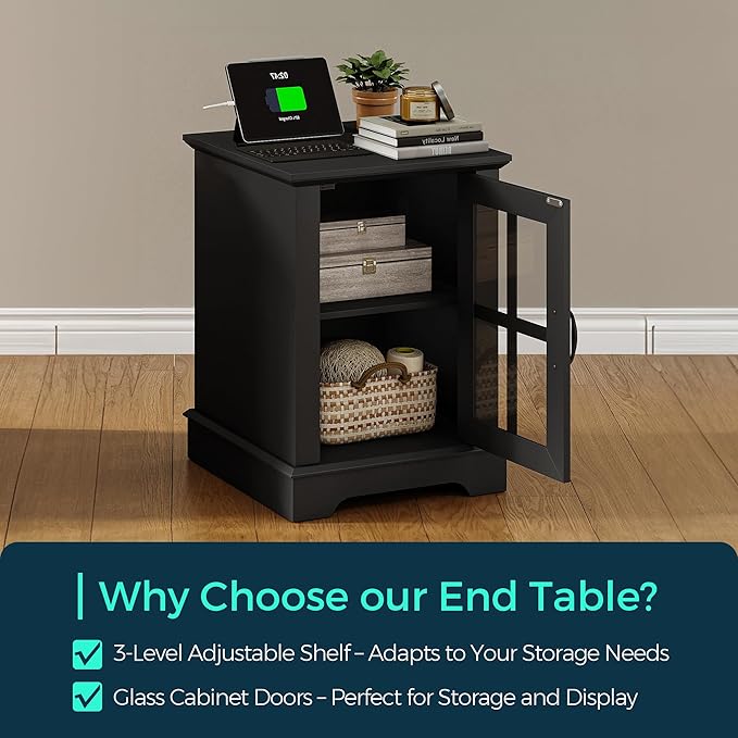 LINSY HOME End Table with Charging Station, Modern Side Table with Storage Cabinet and Adjustable Shelf, Small Sofa Table for Living Room, Home Office, Black