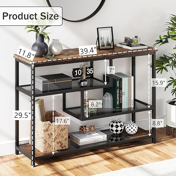 IDEALHOUSE 39.4" Console Table 4-Tier Narrow Entryway Table with Glass Storage Shelf and Metal Frame for Hallway, Living Room, Foyer, Bedroom, Corner Tables, Small Space Furniture, Rustic Brown