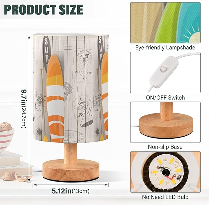 Table Lamp Colorful Surfboard Palm Tree Vintage White Wooden Summer Surfing Nightstand Lamp with Wood Base Fabric Lamp Shade Bedside Desk Lamp for Living Room Bedroom Kids Room Office
