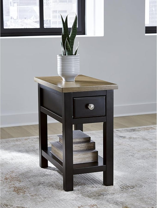 Signature Design by Ashley Drazmine Casual 1 Drawer Chair Side End Table with USB Charging Ports, 1 Lower Shelf and Power Cord, Light Brown & Black