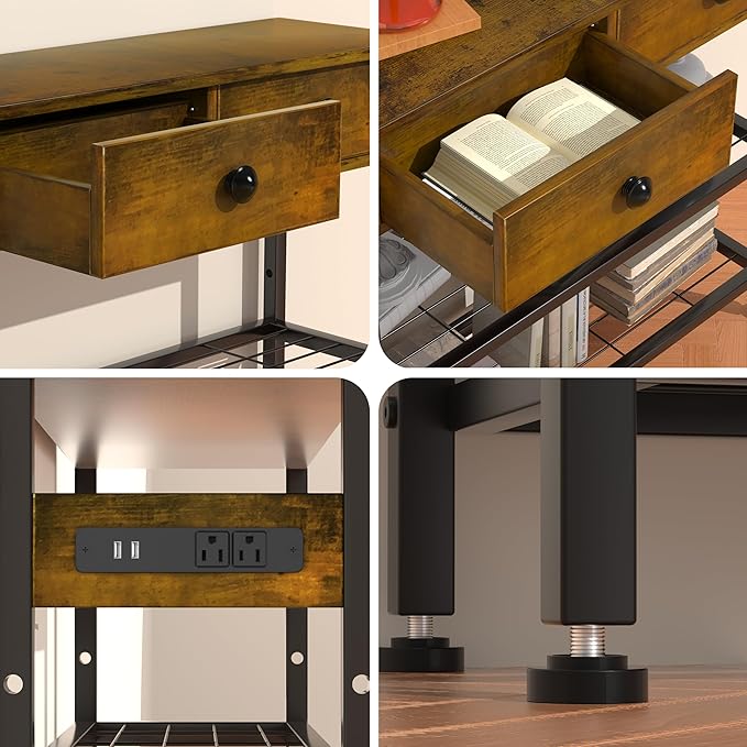 GRLEAF 47" Console Table with Outlets & USB Ports – Narrow Entryway Table with 3 Drawers and Storage Shelves, Power Strip Sofa Table for Living Room, Hallway, Kitchen, Foyer – Rustic Brown Wood Finish