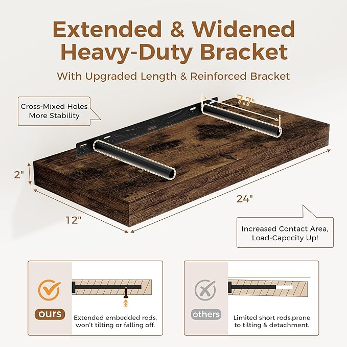 12 Inch Deep Floating Shelves, 24 x 12 Floating Shelf for Books, Rustic Wood Deep Wall Shelves for Home Storage & Display, 2" Thicked Shelves for Kitchen, Living Room, Bedroom, Rustic Brown, 1 Pack