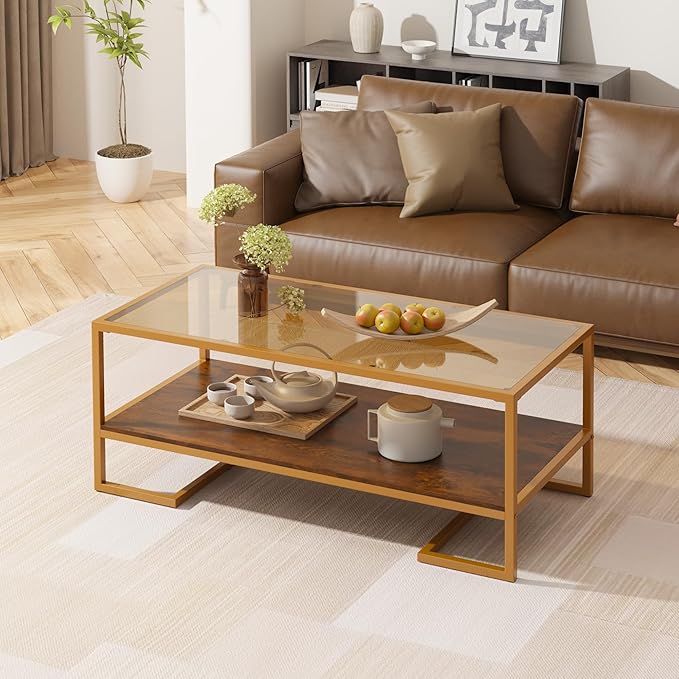 Coffee Table, 2 Tier Tempered Glass Coffee Table, Rectangle Modern Center Table with Metal Frame, Glass Accent Table Open Storage Shelf for Living Room, Office, Brown