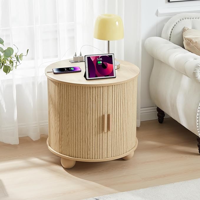AVZEAR 24" Large Round End Table with Charging Station, Farmhouse Fluted Sofa Side Table with Sliding Tambour Door & Storage, Mid-Century Wood Nightstand for Living Room, Bedroom, Natural