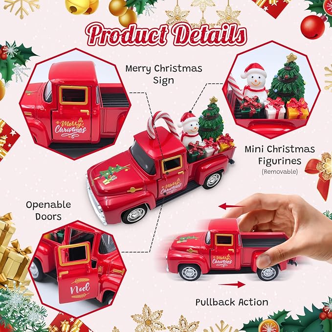 Christmas Red Truck Decor 5 Inch Vintage Farmhouse Metal Truck with Mini Christmas Village Accessories Rustic Xmas Tiered Tray Decor Winter Holiday Tabletop Decorations Xmas Party New Year Gifts