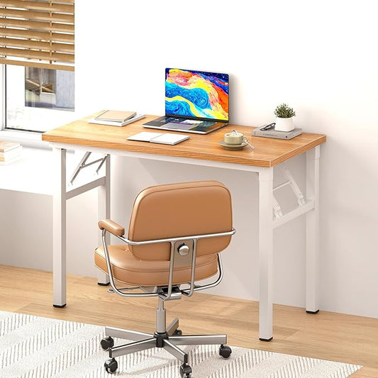 DlandHome Folding Desk Small Desk 31.5 inches Computer Desk for Home Office Folding Table Writing Table for Small Spaces No Assembly Required Teak & White Frame