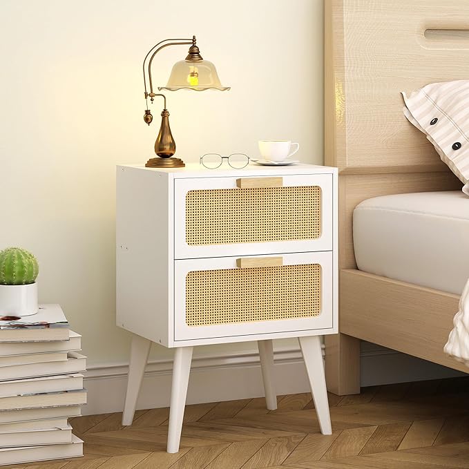 Rattan Nightstand, Wood End Table, Side Table with 2 Hand Made Rattan Decorated Drawers,Boho Bedside Table,Wood Accent Table with Storage for Livingroom, Bedroom, White CTG59W