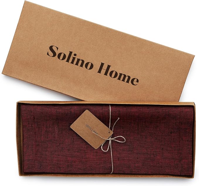 Solino Home Linen Table Runner 48 Inches - 100% Pure Linen Red Garnet Table Runner 14 x 48 Inch Ideal for Dresser and Coffee Tables - Fall, Autumn, Thanksgiving, Christmas, Holiday - Athena