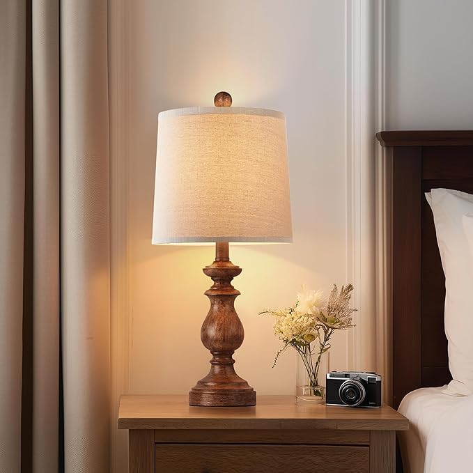 PARTPHONER Traditional Table Lamp Set of 2, Rustic Farmhouse Table Lamps for Living Room Bedroom, 22" Bedside Desk Lamps Vintage Nightstand Lamps with Linen Shades, Wood Grain
