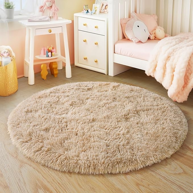 4'x4' Beige Round Rug for Bedroom, Ultra Soft Fluffy Circle Rug for Kids Girls Boys Room, Cute Shag Rugs for Living Room Playroom Tent Castle Home Decor Rug