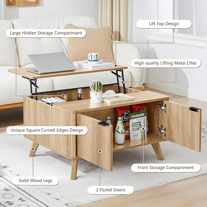 Fluted Lift Top Coffee Table with Large Hidden Compartment, 31.5” Wooden Center Table with Storage, Mid Century Modern Lift Tabletop Coffee Tables for Living Room Home Office, Natural
