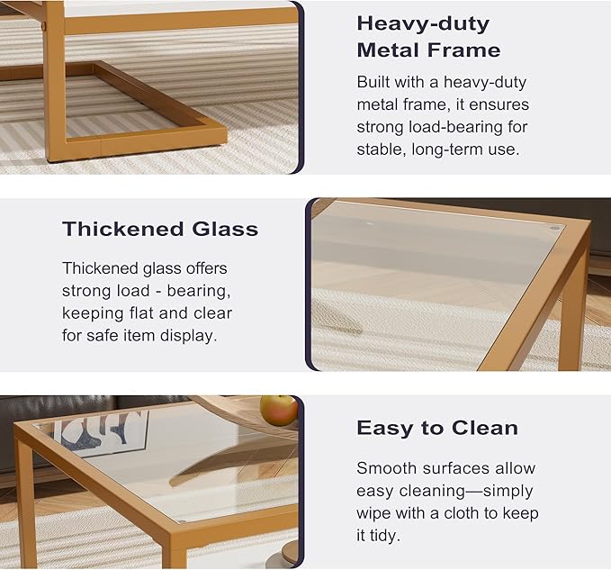 Coffee Table, 2 Tier Tempered Glass Coffee Table, Rectangle Modern Center Table with Metal Frame, Glass Accent Table Open Storage Shelf for Living Room, Office, White