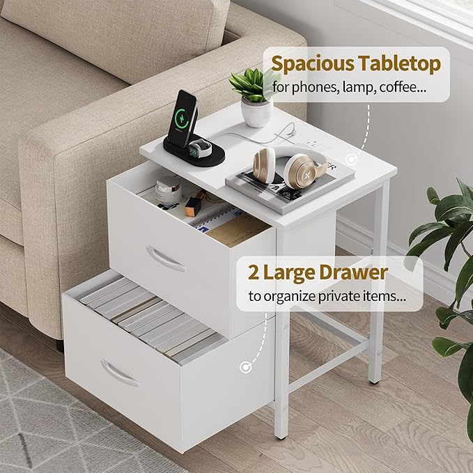 Vagusicc Nightstand Set of 2 with Charging Station, End Table Bedside Table with Power Outlet & USB Ports, Side Table with 2 Fabric Drawers for Bedroom, Living Room, White