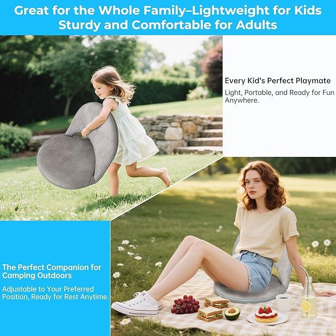 Floor Chair, 5-Position Foldable Floor Chair for Kids with Adjustable Back, Soft Sponge & Velvetean Cover, for Adults and Kids, Indoor Outdoor Use, Meditation, Gaming, Camping (Gray)