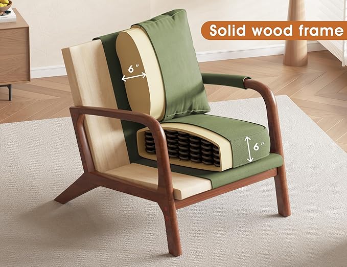 Mid Century Modern Chair, Upholstered Lounge Arm Chair with Solid Wood Frame, Comfy Accent Chair for Living Room, Bedroom, Reading, Reception,Green