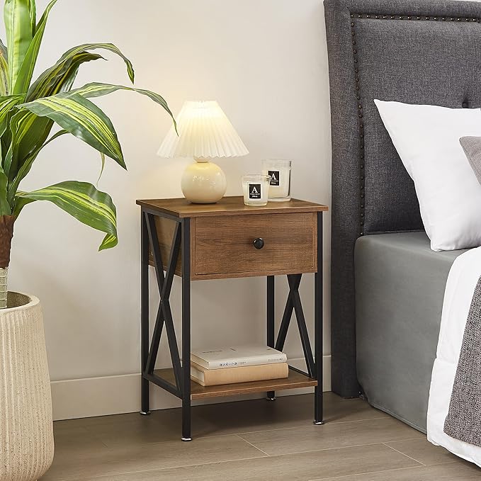 VECELO Nightstands Set of 2, Modern Bedside End Tables, Night Stands with Drawer and Storage Shelf for Living Room Bedroom, Industrial Metal Frame