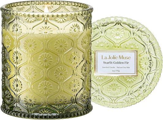 LA JOLIE MUSE Starlit Golden Fir Candle - Cedarwood, Patchouli, Fir Balsam | 6 oz Natural Soy Wax | 40 Hours Clean Burn | Balsam and Fir Candle | Gift-Ready for Hosts & Gatherings