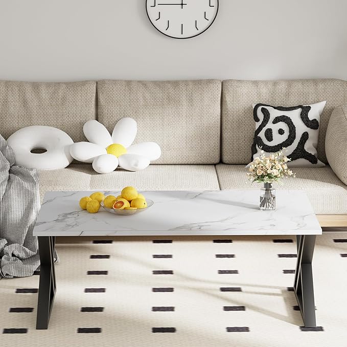 Coffee Table White Living Room Center Table, Simple Modern Faux Marble Rectangular Tea Table with Sturdy Black Metal Frame,Industrial Wooden Coffee Table for Bedroom Home Office