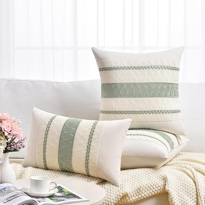 Fancy Homi Set of 2 Sage Green Boho Lumbar Decorative Throw Pillow Covers 12x24 Inch for Living Room Bedroom Couch Bed Chair, Rustic Retro Cushion Case, Bohemian Room Home Decor