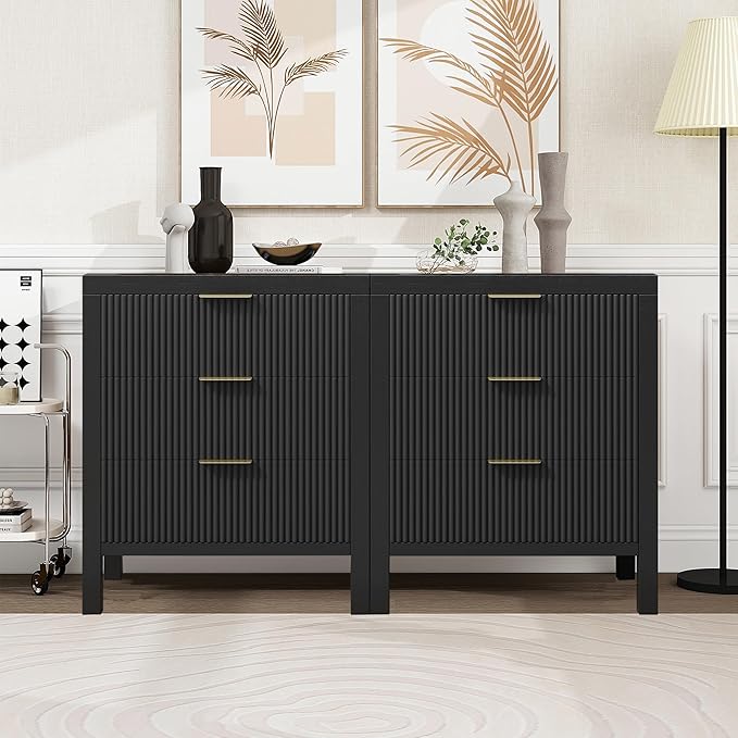 Fluted Nightstands Set of 2, Wooden Farmhouse Night Stands with 6 Drawer Bedside Table - Boho Tall End Table Accent Table for Bedroom, Living Room, （Black 2PCS）