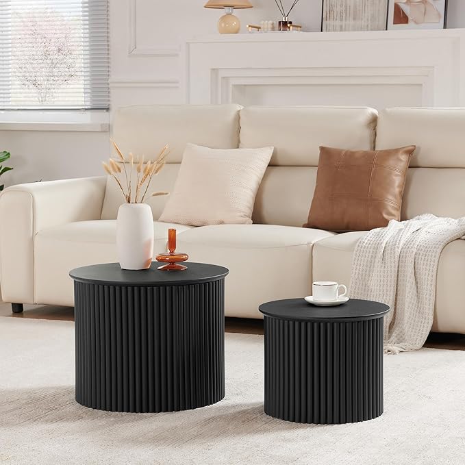 AVZEAR Round Nesting Coffee Table Set of 2, Small Fluted Coffee Table Circle Side Table, Mid Century Modern Wood Nesting Tables Farmhouse End Table Set for Living Room, Bedroom, Small Spaces(Black)