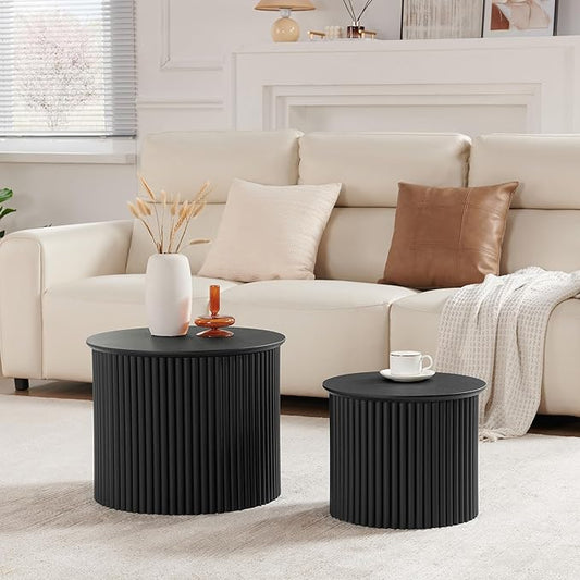 AVZEAR Round Nesting Coffee Table Set of 2, Small Fluted Coffee Table Circle Side Table, Mid Century Modern Wood Nesting Tables Farmhouse End Table Set for Living Room, Bedroom, Small Spaces(Black)