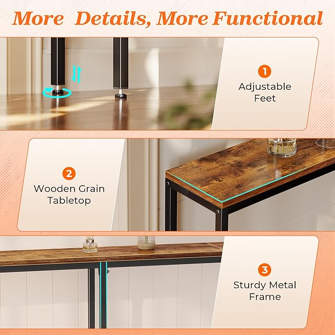 SUPERJARE 102.4 Inch Sofa Table with Power Outlets and USB-C Port, 5.9 Inch Narrow Console Tables, Entryway Hallway Couch Tables with Storage, Behind Sofa, Small Spaces, Living Room, Rusitc Brown