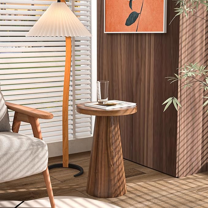 Small Round Pedestal Side Table, Wooden End Table for Living Room, Fluted Drink Table for Small Space, Modern Plant Stand Accent Table for Sofa Couch, 13.6 inch (Walnut)